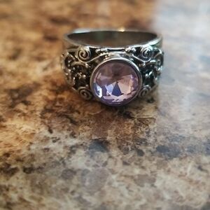 Purple crystal ring silver plated carved band size 8